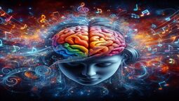 Le pouvoir de la musique sur les facultés cognitives représenté par une silhouette de visage féminin dont le cerveau est visible et en couleur et entouré de notes de musique 